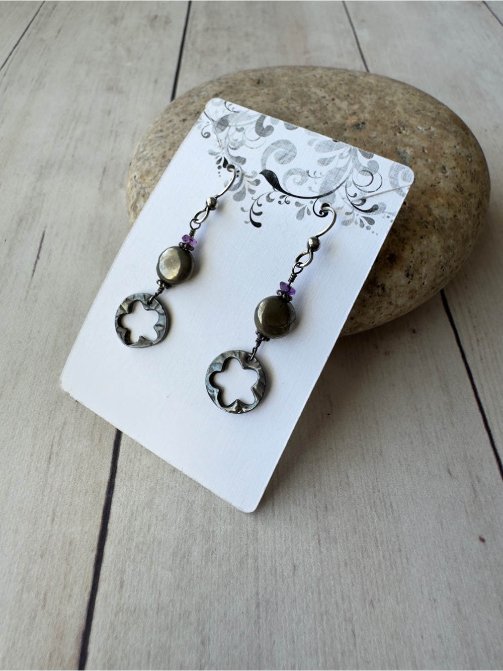 Hand Crafted Pyrite and Amethyst Drop Earrings